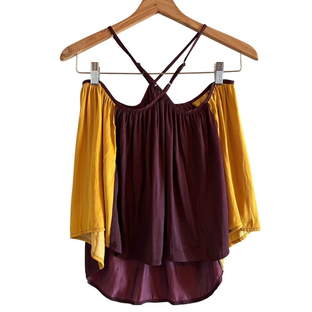 Banana Republic Womens Colorblock Cold Shoulder Halter Top Burgundy Yellow S NEW